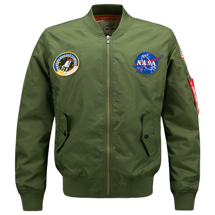 Men's  slim-fit flight bomber with embroidered mission patches angled snap-flap pockets and zip sleeve utility pocket Nord Taschen
