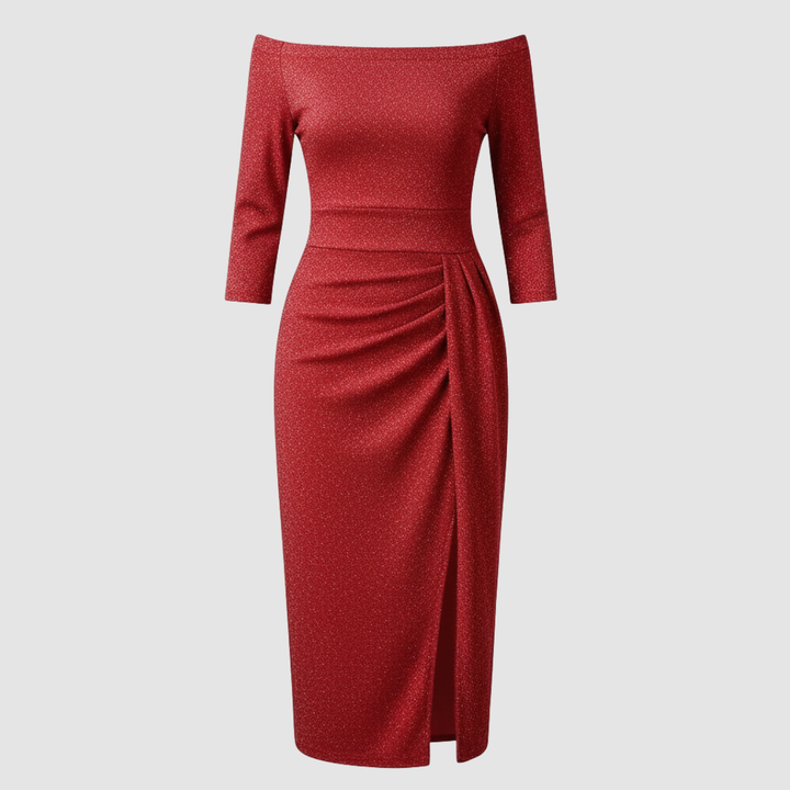 Elegantes Hochzeitsgast Kleid Off Shoulder Lang Satin