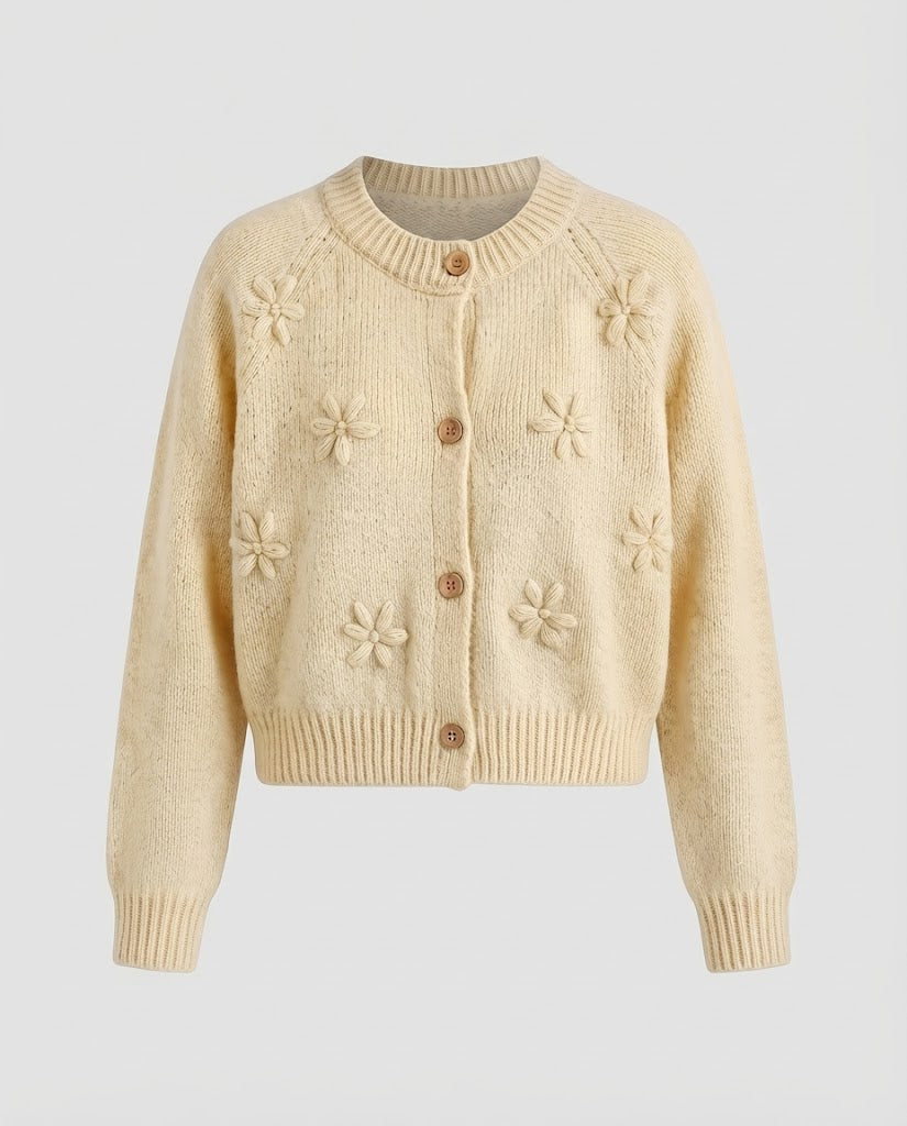 Damen Kurz geschnittene Strickjacke mit dreidimensionalen Blumenmotiven, Holzknöpfen und geripptem Saum Nord Taschen