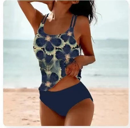 Retro Hochgeschnittenes Bikini mit Stranddruck