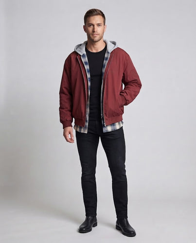 Herren urbane Oversize-Hybridjacke mit angenähter Kapuze und Hemd-Innenlage Nord Taschen