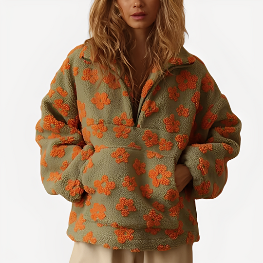 Damen-Sherpa-Pullover mit stilvollem Blumenmuster