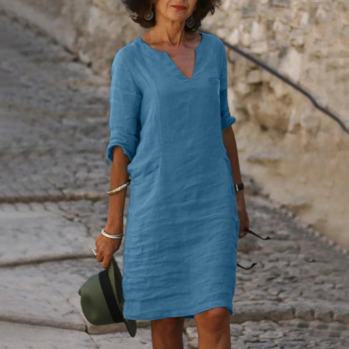 Rona Leinen Shiftkleid mit V-Ausschnitt und Taschen