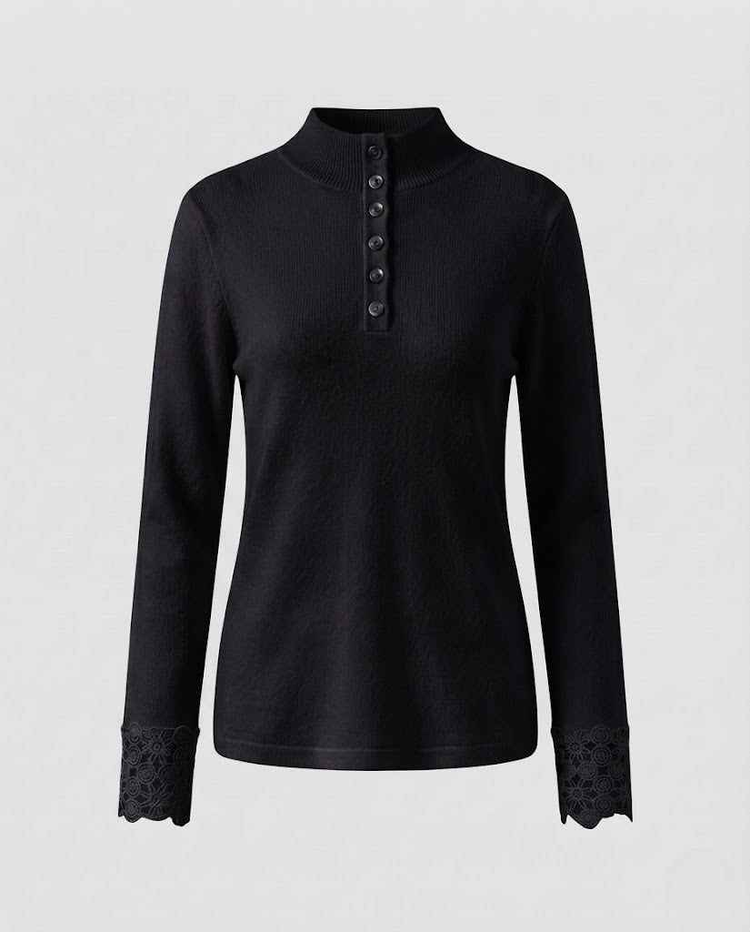 Damen Feiner Stehkragenpullover mit dekorativer Knopfleiste und Spitzenmanschetten Nord Taschen