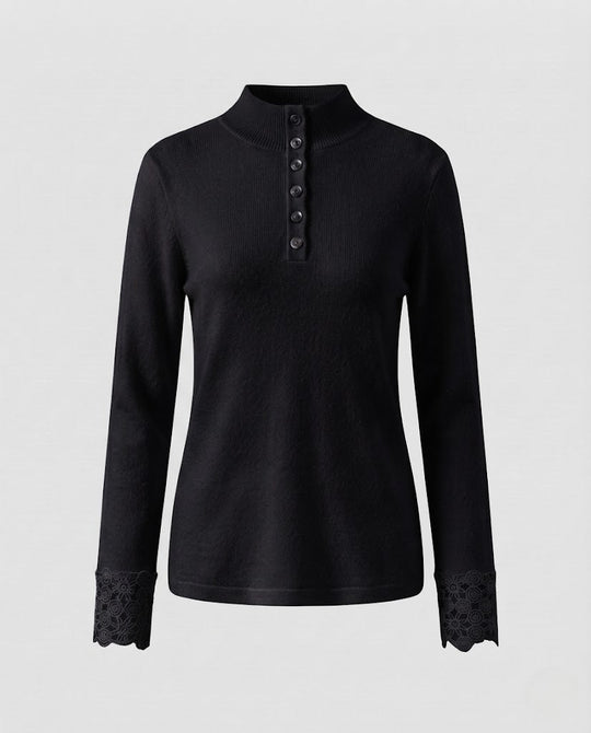 Damen Feiner Stehkragenpullover mit dekorativer Knopfleiste und Spitzenmanschetten Nord Taschen