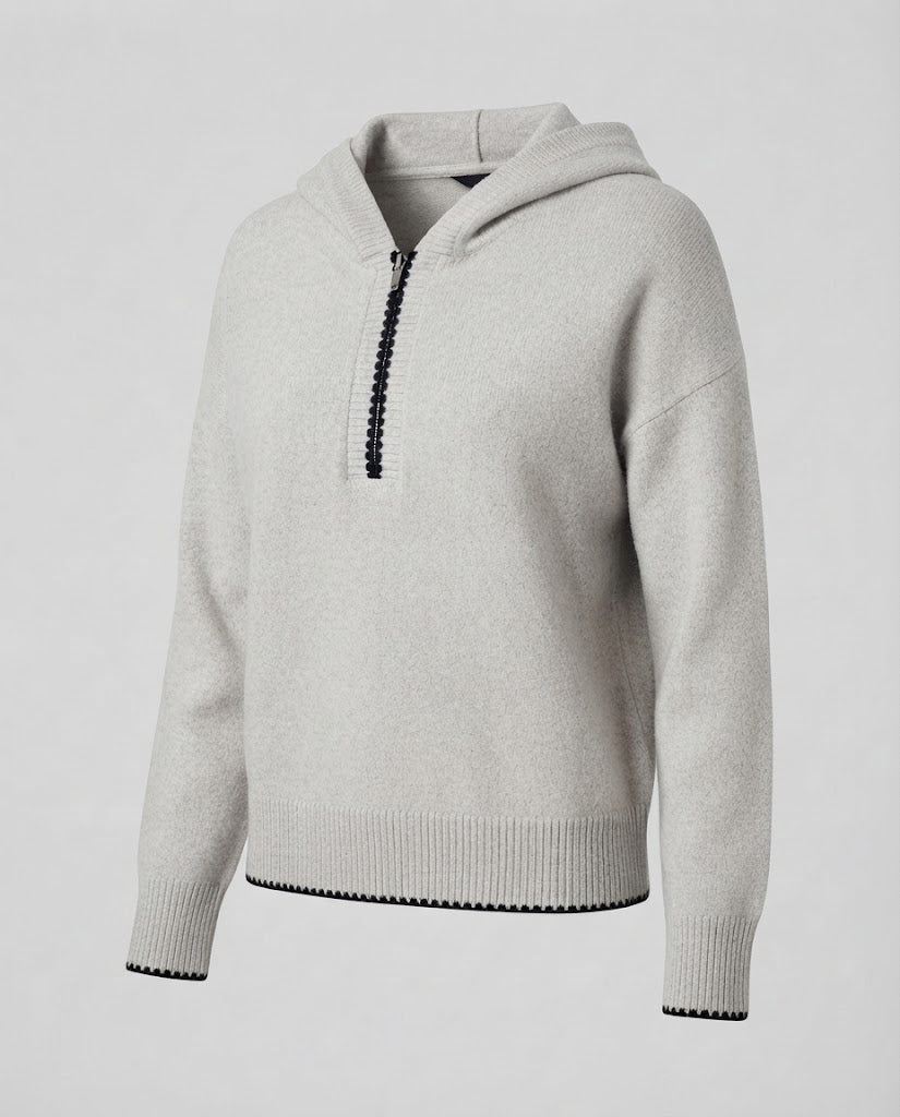 Damen Kapuzen-Feinstrickpullover mit halbem Reißverschluss und relaxed Oversize-Schnitt Nord Taschen