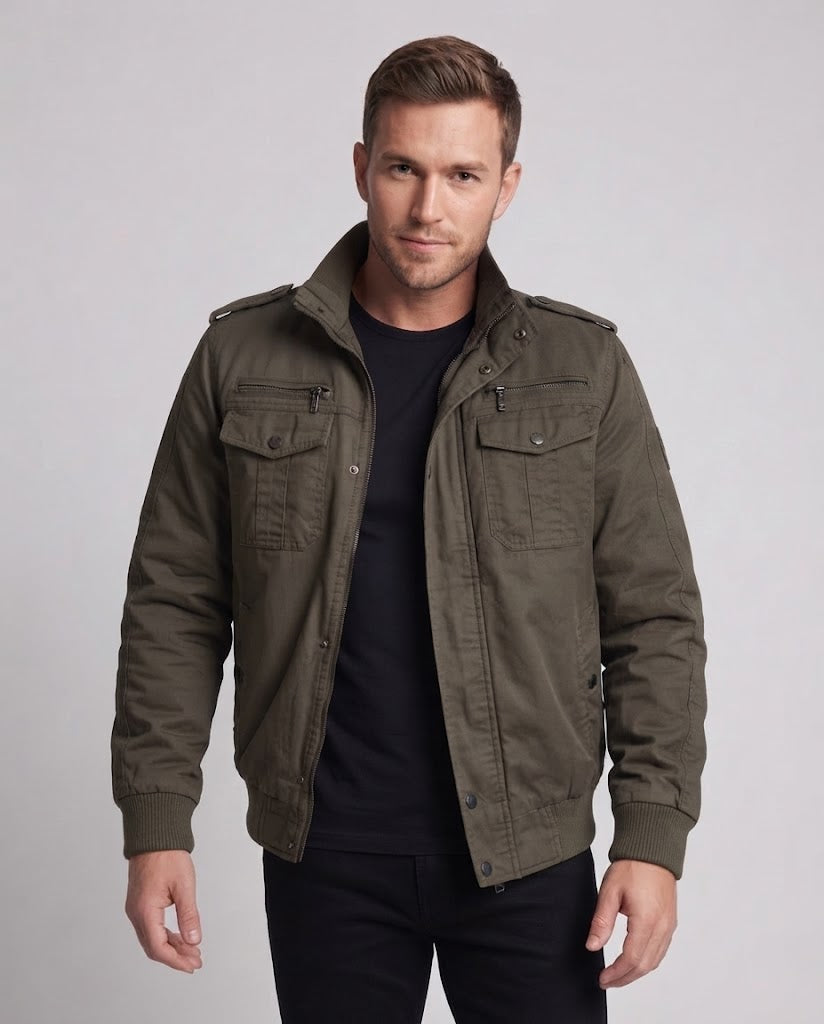 Herren Kurzpilotjacke aus Canvas mit verborgener thermischer Fütterung und Schulterepauletten Nord Taschen