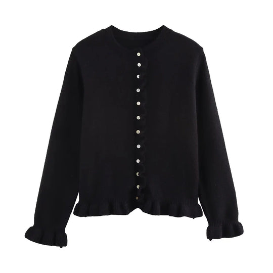 Rüschen Frauen Cardigan mit Knöpfen, Schickes Schichted Oberteil