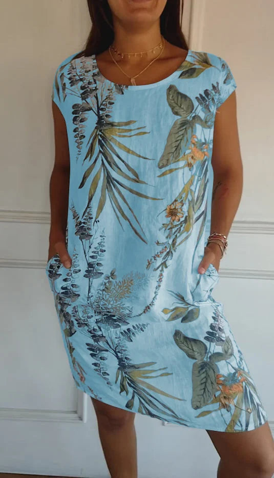 Damen Bedrucktes Baumwoll- und Leinenkleid