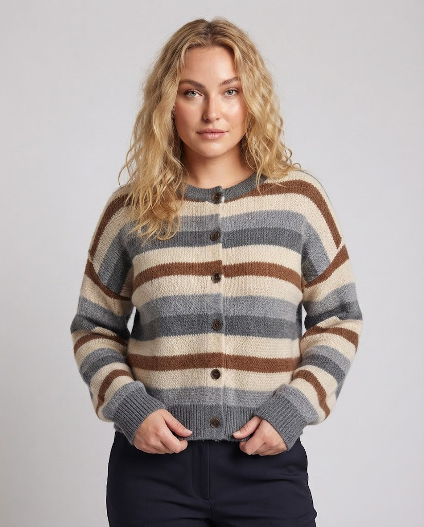 Damen Kurze Cardigan im Retro-Streifen-Look mit Rippenbündchen Nord Taschen