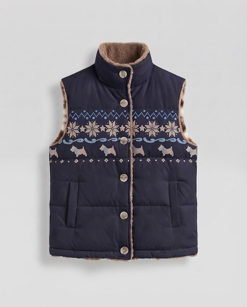 Damen Wendbare gesteppte Thermoweste mit Teddyfutter & Norwegermuster Nord Taschen