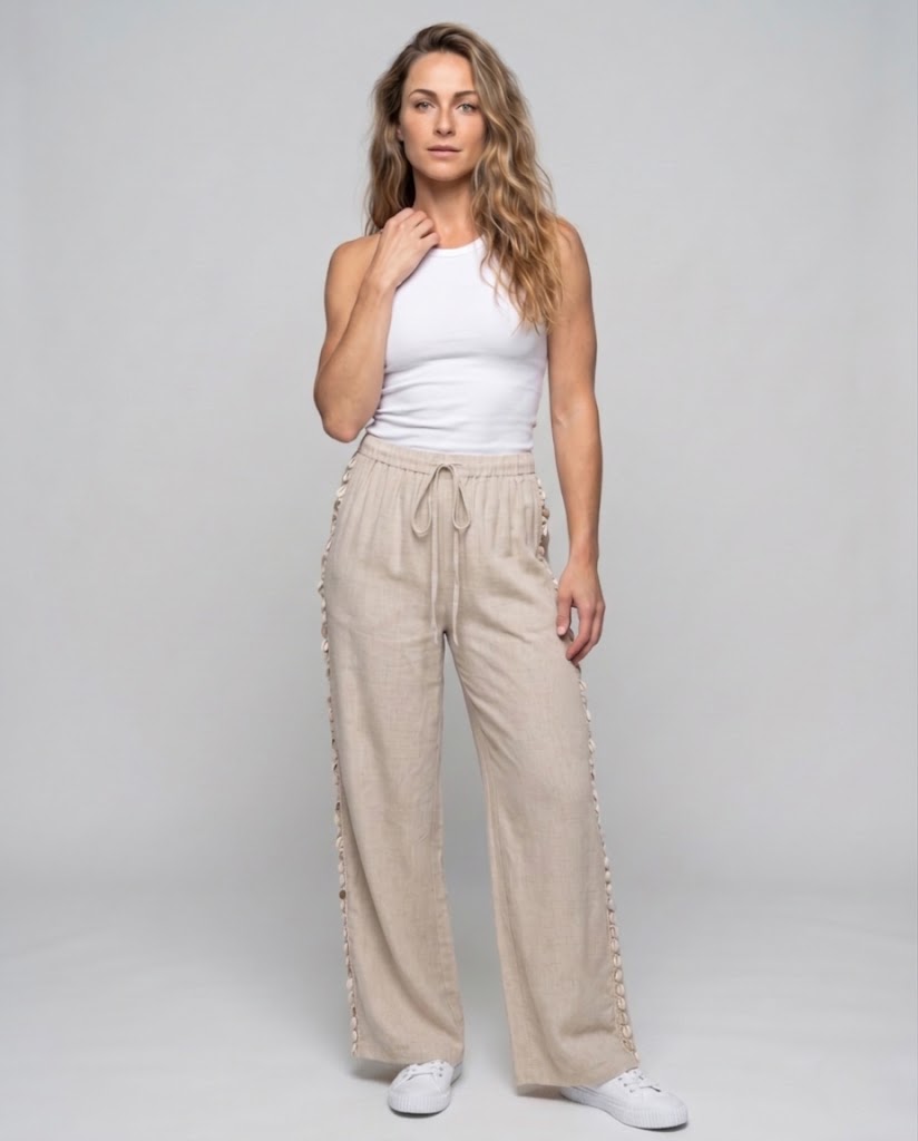 Damen Leichte Leinenhose mit weitem Bein, Kordelzug und seitlicher Makramee-Borte Nord Taschen