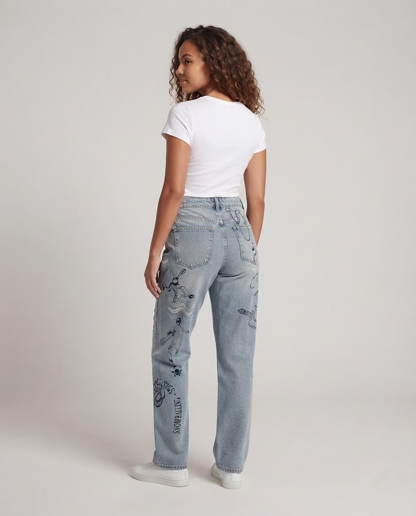 Damen Weite Baggy-Jeans mit Allover-Grafikprint und ausgefranstem Saum Nord Taschen