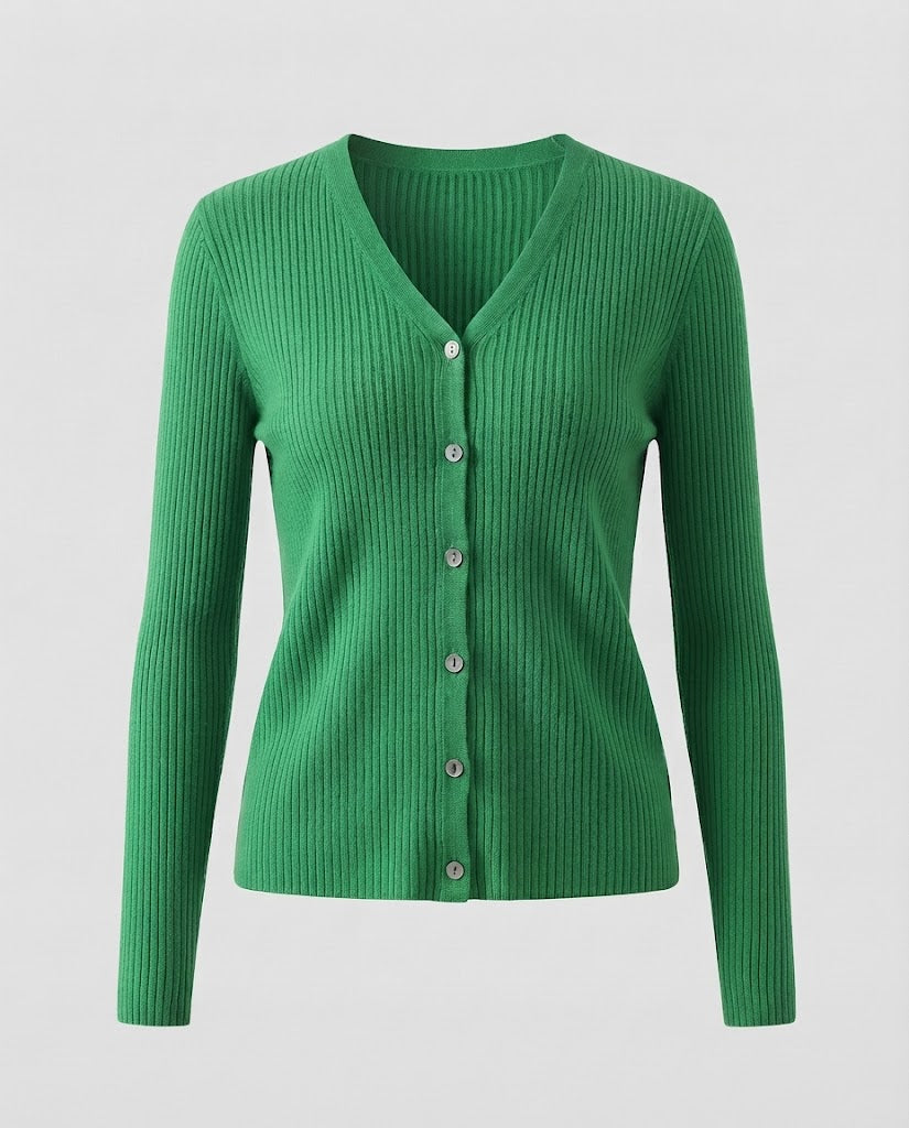 Damen Feiner gerippter V‑Neck-Cardigan aus Kaschmir‑Optik mit stretchiger Rippstruktur und Perlmuttknöpfen Nord Taschen