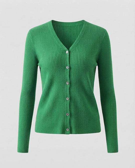 Damen Feiner gerippter V‑Neck-Cardigan aus Kaschmir‑Optik mit stretchiger Rippstruktur und Perlmuttknöpfen Nord Taschen