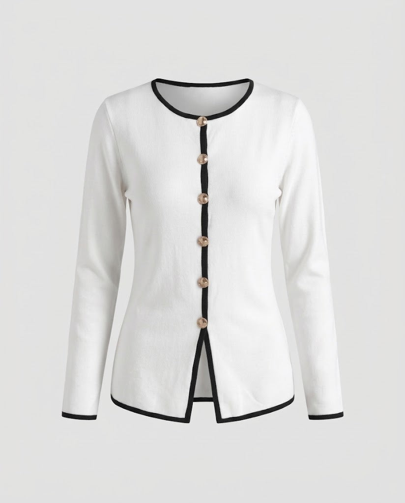 Damen Figurbetonte Feinstrick-Cardigan mit seitlichem Schlitz und Kontrastpaspel Nord Taschen