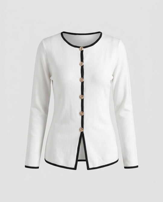 Damen Figurbetonte Feinstrick-Cardigan mit seitlichem Schlitz und Kontrastpaspel Nord Taschen