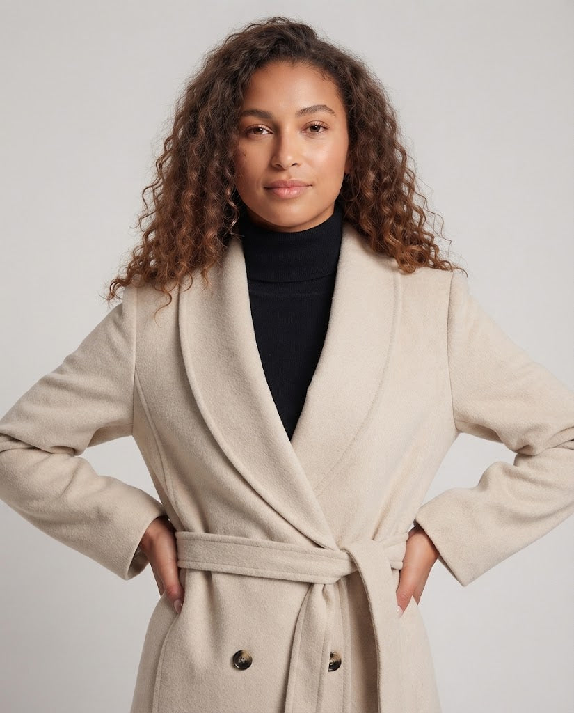 Damen Maxilanger Schalkragen‑Wollmixmantel mit Bindegürtel und cleanem Fall Nord Taschen