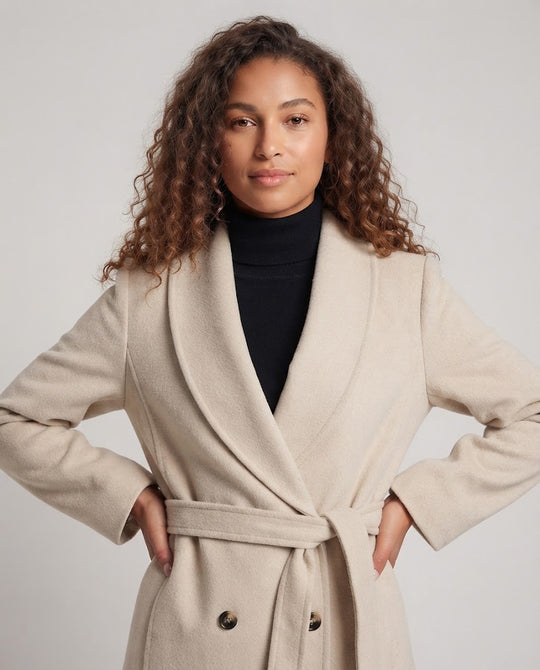 Damen Maxilanger Schalkragen‑Wollmixmantel mit Bindegürtel und cleanem Fall Nord Taschen