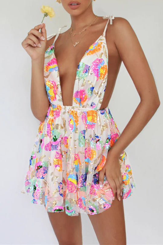 V-Ausschnitt Offene Rücken Pailletten Blumen Binde A-Linie Mini Kleid