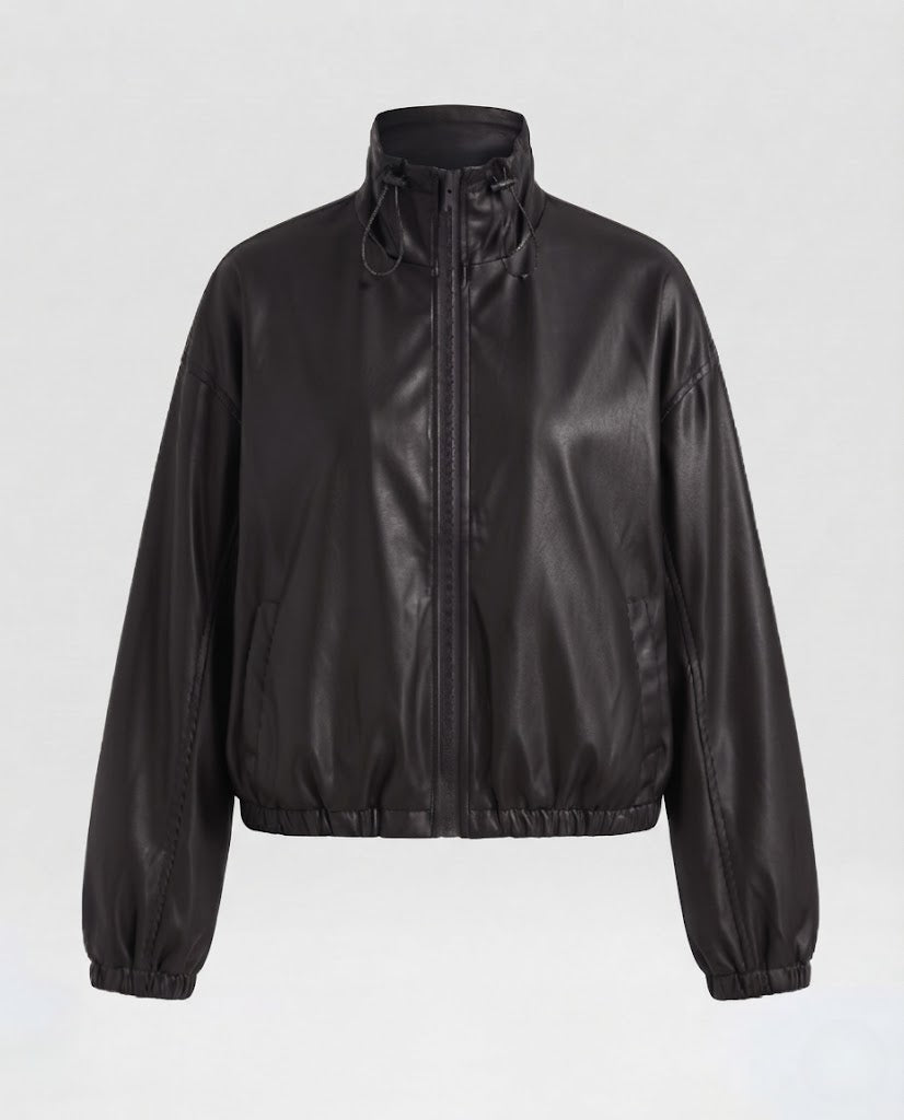 Damen Oversized Kunstleder-Bomberjacke mit Stehkragen, Kordelzug und elastischem Saum Nord Taschen