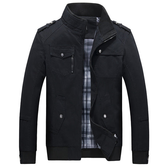 Herren Utility-Canvasblouson mit Stehkragen, Epauletten und kariertem Innenfutter Nord Taschen
