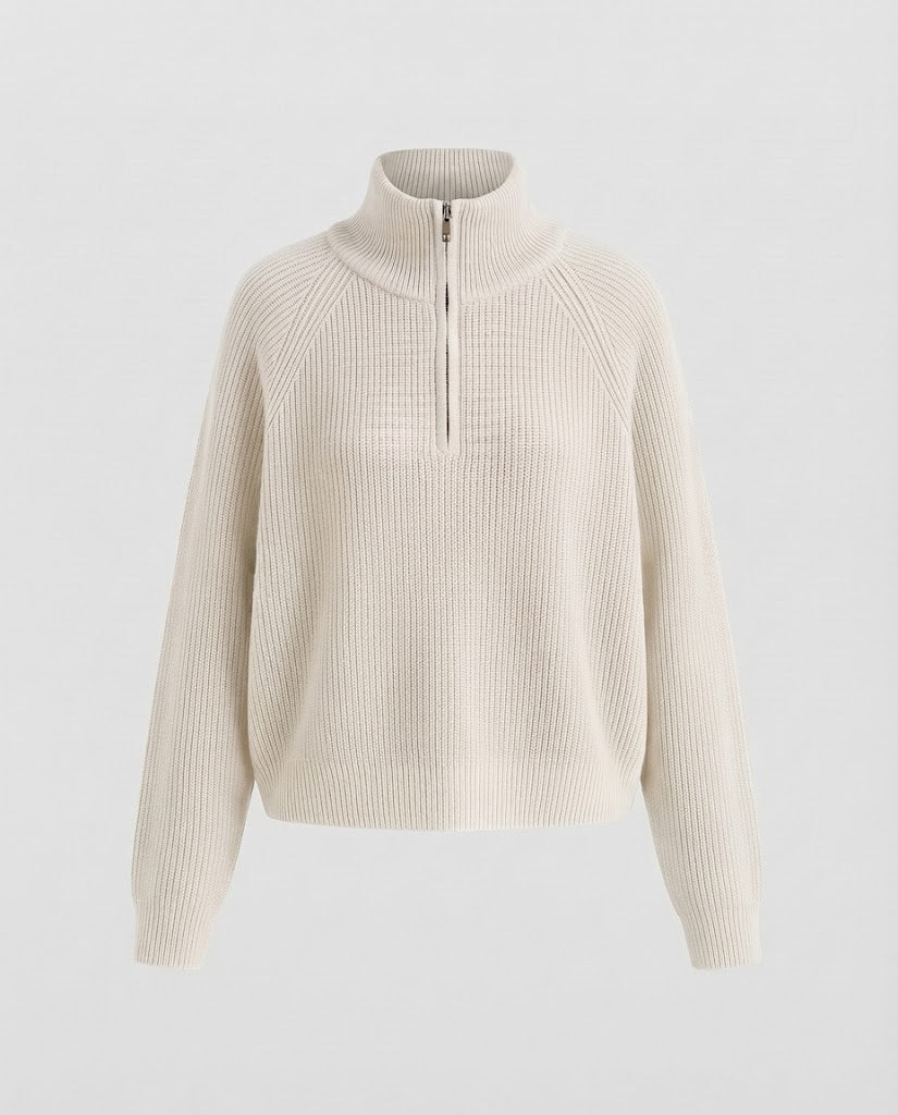 Damen Kurzer Halbzip-Strickpullover mit Rippenstruktur und Stehkragen Nord Taschen