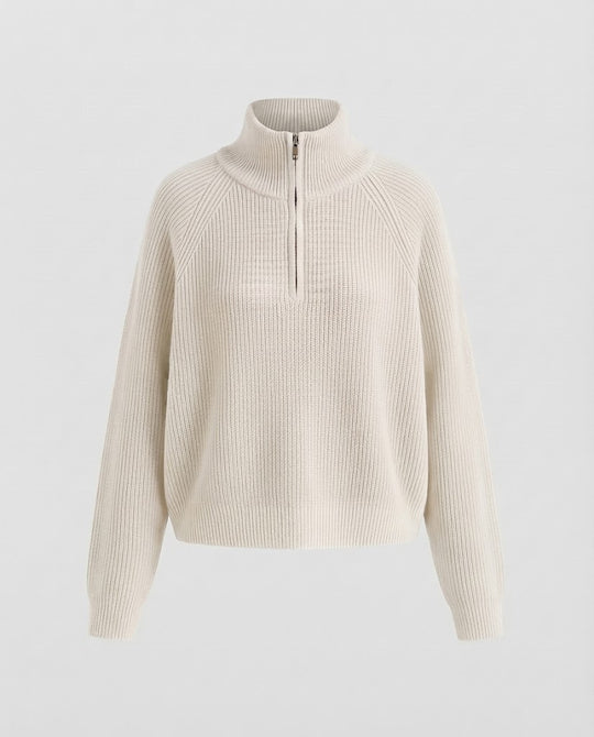 Damen Kurzer Halbzip-Strickpullover mit Rippenstruktur und Stehkragen Nord Taschen