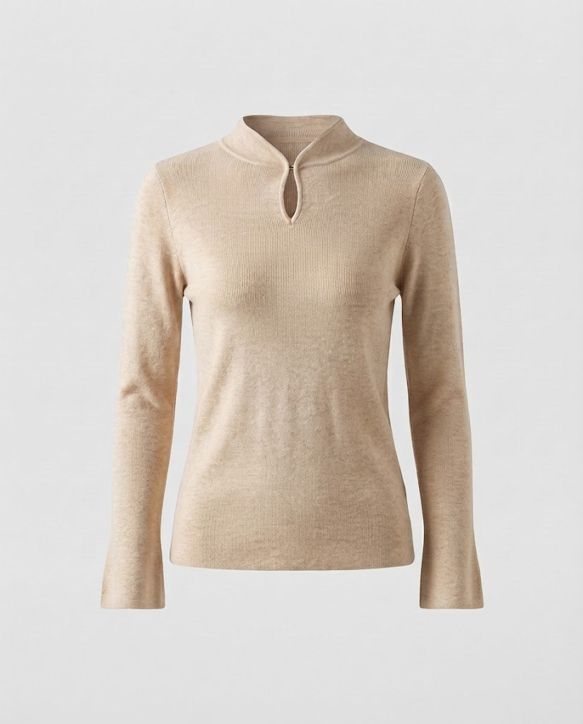 Damen Feinstrick-Longsleeve mit kurzem Stehkragen Schlitzknopf und ausgestelltem Ärmelsaum Nord Taschen