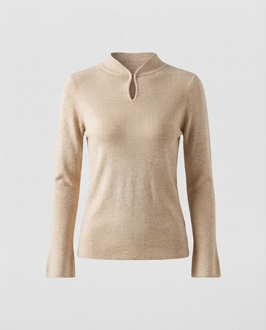 Damen Feinstrick-Longsleeve mit kurzem Stehkragen Schlitzknopf und ausgestelltem Ärmelsaum Nord Taschen