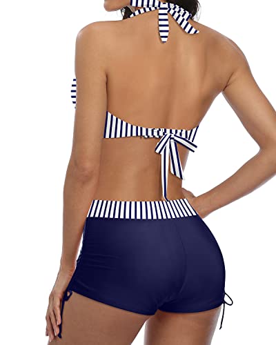 Nord Taschen | Sportlicher Zweiteiler Badeanzug mit Push Up Bikini und Boyshort Blau Weiß Gestreift