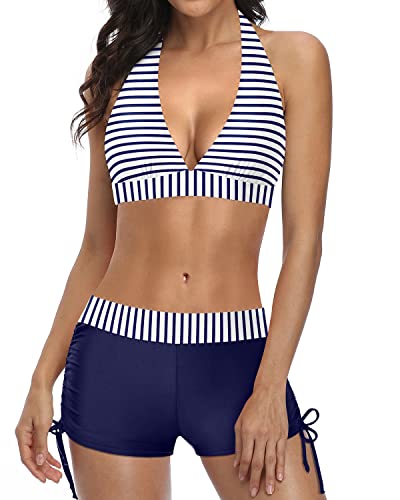 Nord Taschen | Sportlicher Zweiteiler Badeanzug mit Push Up Bikini und Boyshort Blau Weiß Gestreift