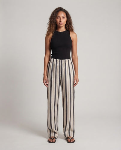 Damen Weite Leinenmischung-Hose mit elastischem Bund und vertikaler Streifenoptik Nord Taschen