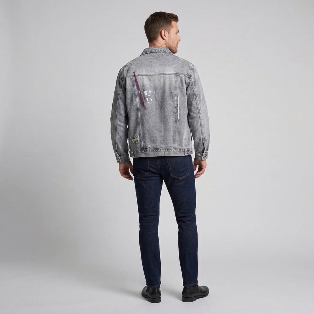Herren Oversized Jeansjacke mit Used‑Effekt, Pinselstrich-Applikationen und Druckknopfverschluss Nord Taschen