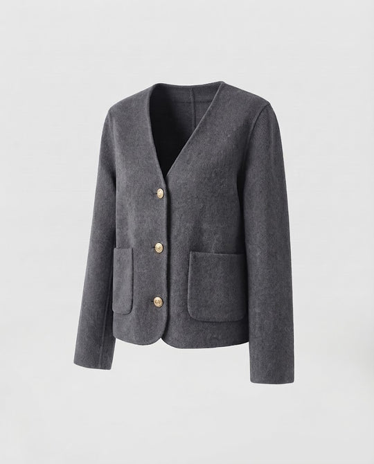 Damen Kurzblazer aus Wollmix mit rundem Ausschnitt, kastiger Silhouette und goldenen Zierknöpfen Nord Taschen