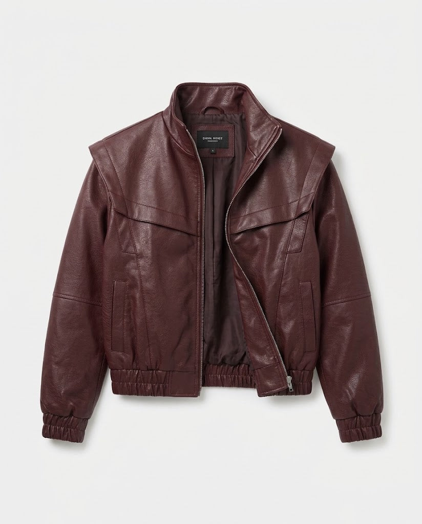 Damen Kurz geschnittene Kunstlederjacke mit hohem Stehkragen, durchgehendem Reißverschluss und elastischem Taillenbund Nord Taschen