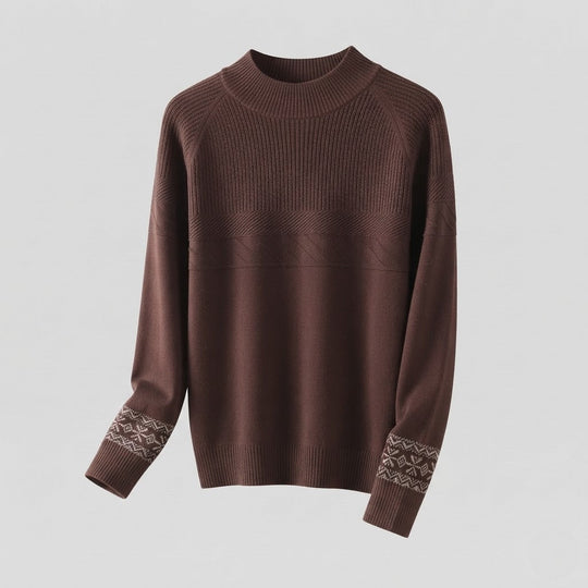Damen Feinstrick-Pullover mit kurzem Stehkragen, strukturierter Passe und Norweger-Motiv am Ärmelsaum Nord Taschen