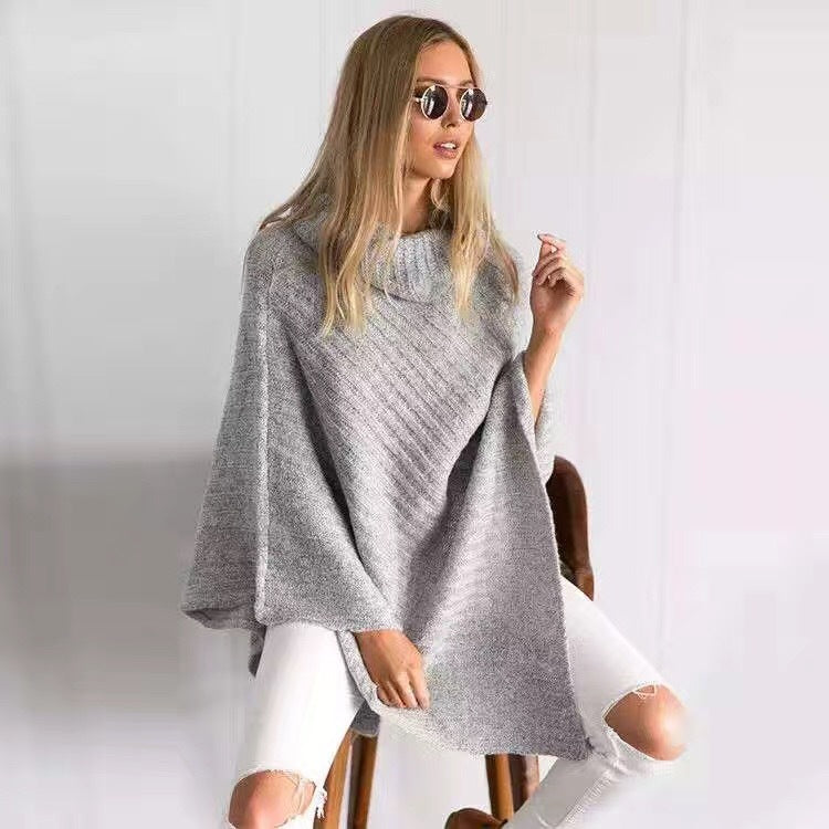 Damen Oversize-Strickponcho mit weitem Rollkragen und diagonaler Rippstruktur Drune