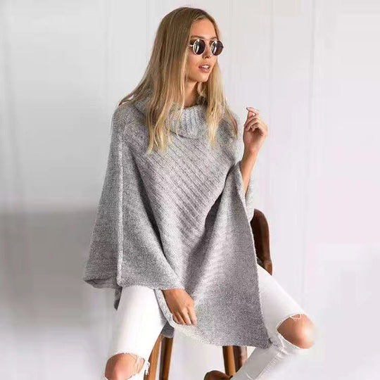 Damen Oversize-Strickponcho mit weitem Rollkragen und diagonaler Rippstruktur Drune
