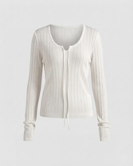 Damen Transparentes geripptes Feinstrick-Cardigan mit Kordelzug und V-Ausschnitt Nord Taschen