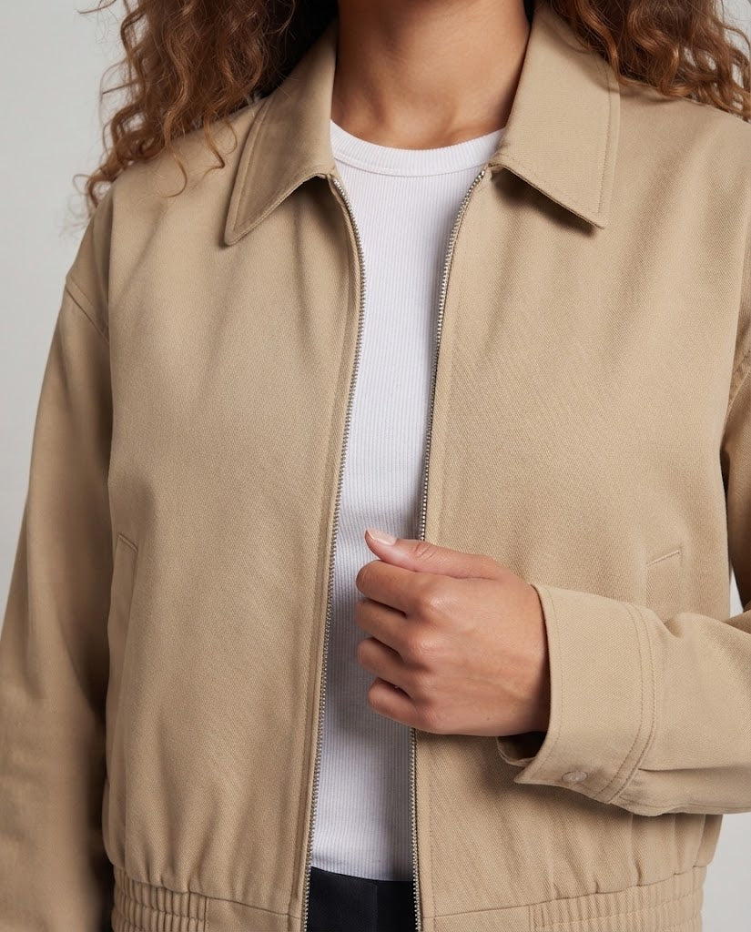 Damen Cropped Bomberjacke mit Reißverschluss, elastischem Saum und karierter Innenfütterung Nord Taschen
