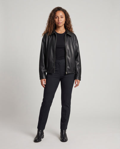 Damen Boxy-Lederoptik-Blousonjacke mit Hemdkragen, verdecktem Reißverschluss und elastischem Saum Nord Taschen