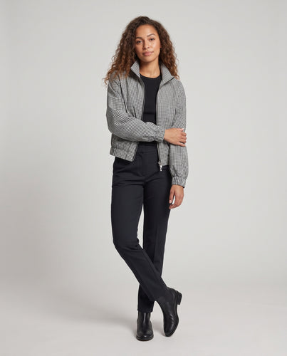 Damen Cropped-Blousonjacke im Bomberstil mit hohem Stehkragen, Ballonärmeln und Vichy Karo Nord Taschen