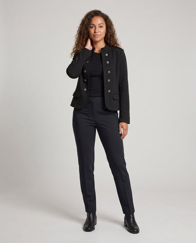 Damen Cropped Doppelreihige Militärjacke mit Stehkragen, Epauletten und Zierknöpfen Nord Taschen