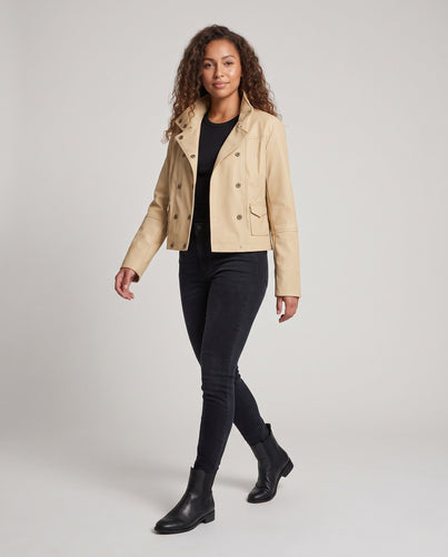 Damen Cropped Feldjacke mit Doppelreihe, hohem Stehkragen und Pattentaschen Nord Taschen