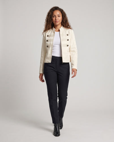 Damen Cropped Militärjacke aus Brokat mit Stehkragen, Zierriegeln und Zierknöpfen Nord Taschen