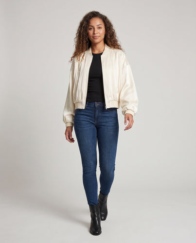 Damen Cropped Satin-Bomberjacke mit geripptem Kragen und voluminösen Ballonärmeln Nord Taschen