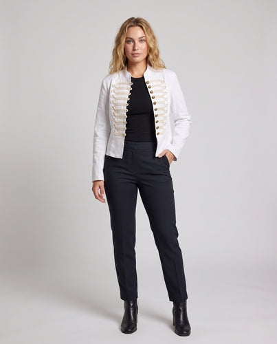 Damen Cropped Zierjacke im Soldatenstil mit Kordelbesatz und Mandarinkragen Nord Taschen