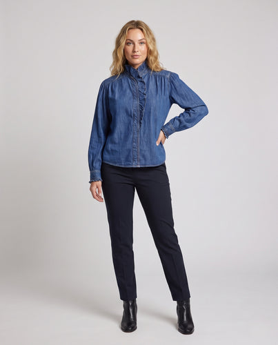 Damen Denim-Bluse mit Rüschenblende, Stehkragen und Ballonärmeln Nord Taschen
