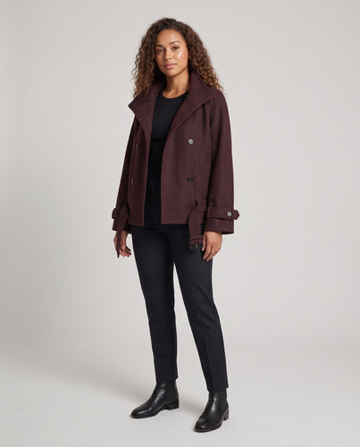 Damen Doppelreihiger Wollcape-Mantel mit Stehkragen und Taillengürtel Nord Taschen